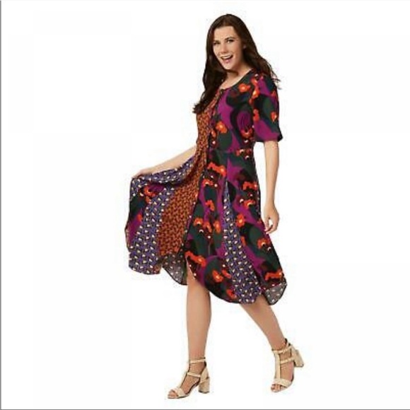 LOGO by Lori Goldstein Dresses & Skirts - LOGO Lori Goldstein Colorful Mixed Print Midi Stretch Jersey Shirt Dress M NWOT